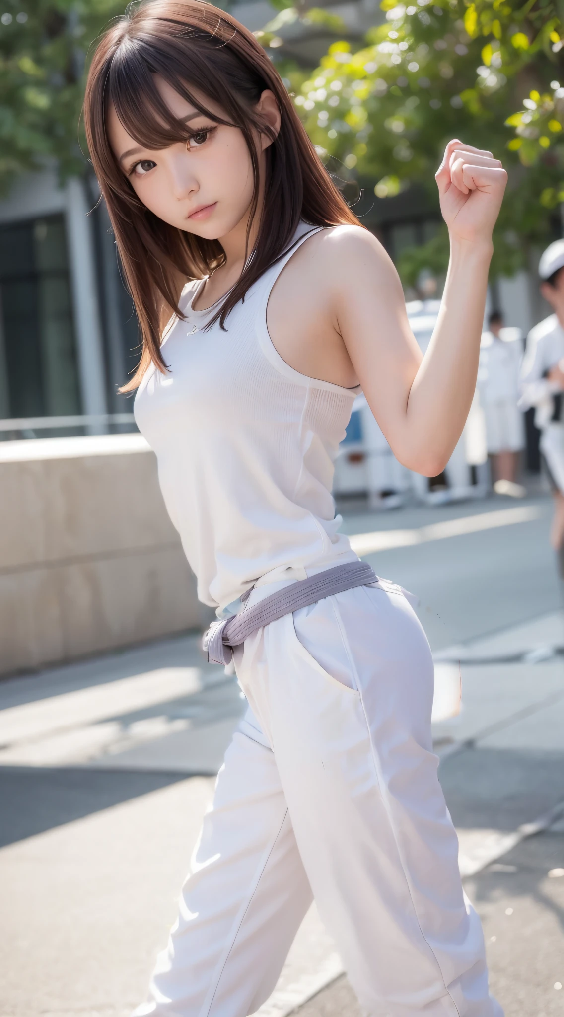 (Photorealsitic)(10yaers old), Pretty Woman, (Full body 8K portrait), 1 girl in, White Karate Uniform, White karate pants, Stand alone, Large and dynamic hand and foot movements, Stick out your fist, Make a high side kick, Correct skeleton, Perfect facial detail, (Smile: 1.15), attractive beautiful face, gazing at viewer, a small face, 二重まぶた, Beautiful detailed eyes, long eyeslashes, ligh brown hair, bobhair,style hairstyle, Toned waist, Beautiful thin legs, toned ankles, bare-legged ,TOKYOcty, Green in the background, no nsfw