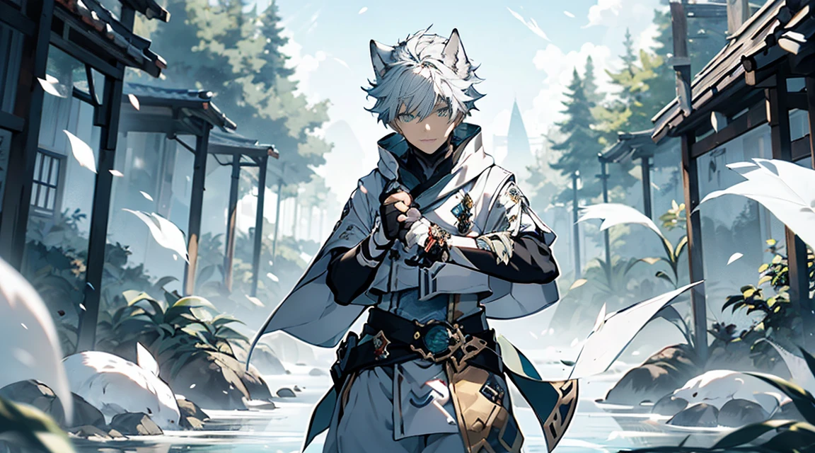 tmasterpiece， Best quality， The content is very detailed，Samoyed， human character， shaggy，Dogri），（clear green eyes）， Character holding bow，White wolf ears，White hair， White Wolf Tail，(((Black sleeves)))， white short sleeve，There are pockets，White cropped pants，Rotated，Control water volume，luring，(((Eau)))，Particles float，Ethereal power，Tornado video game Genshin Impact， genshin impact style，