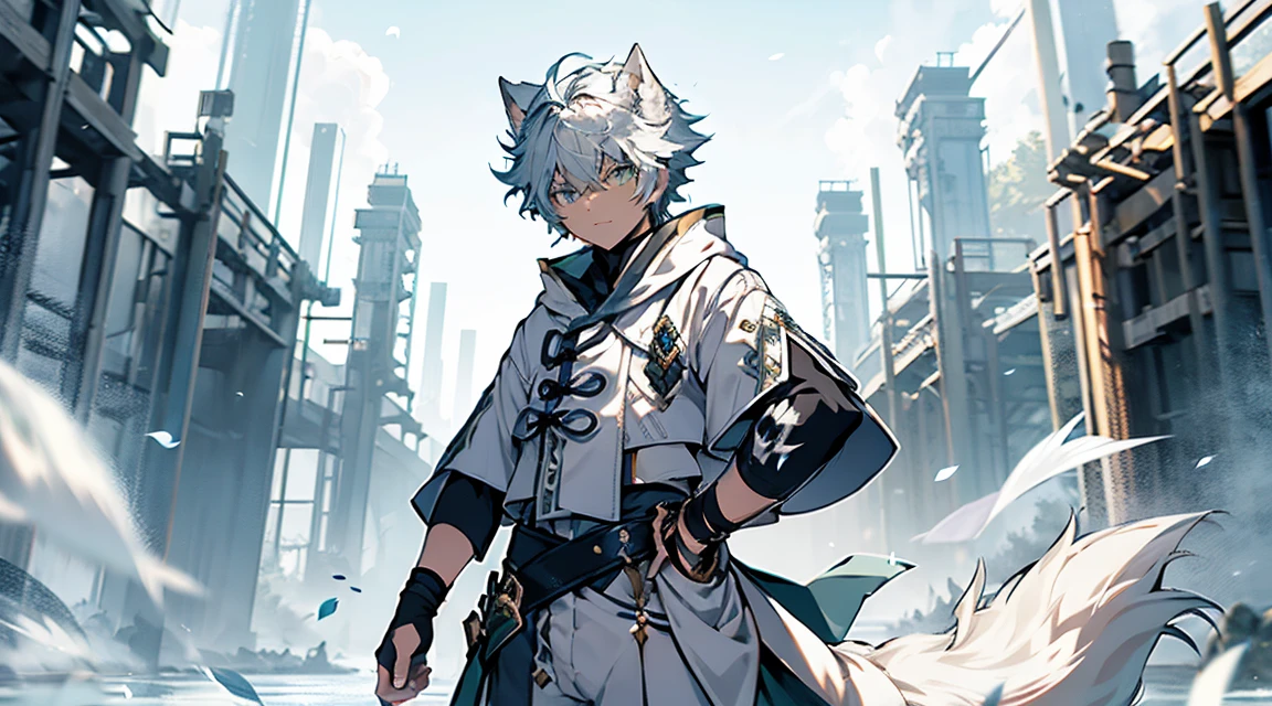 tmasterpiece, Best quality, The content is very detailed,Samoyed, human character, shaggy,Dogri),(clear green eyes), Character holding bow,White wolf ears,White hair, White Wolf Tail,(((Black sleeves))), white short sleeve,There are pockets,White cropped pants,Rotated,Control water volume,luring,(((Eau))),Particles float,Ethereal power,Tornado video game Genshin Impact, genshin impact style,