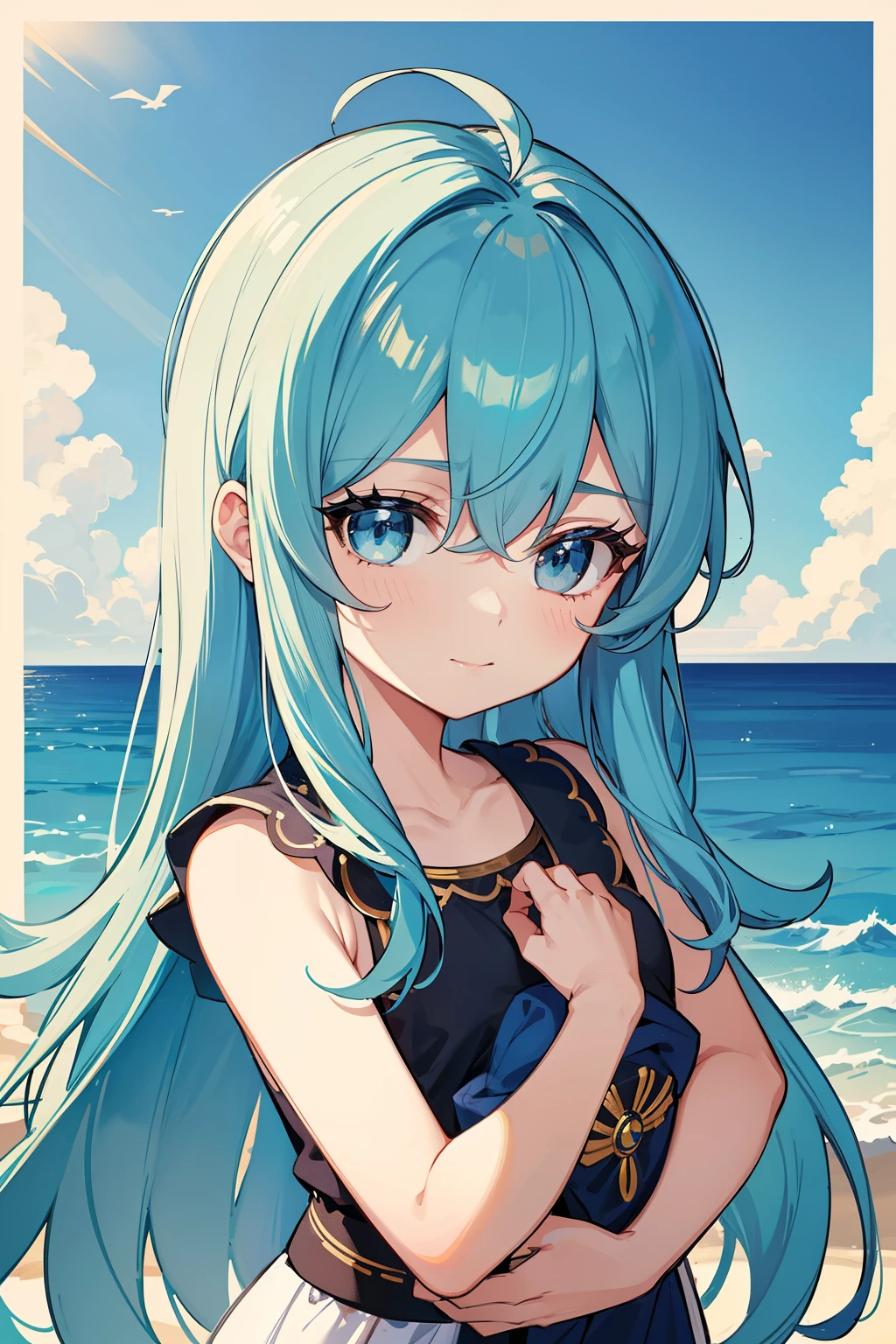 (high-quality, breathtaking),(expressive eyes, perfect face) 1girl, girl, solo, young kid, child, chibi, toddler, long blue hair, green coloured eyes, stylised hair, gentle smile, longlength hair, loose hair, side bangs, curley hair, really spiky hair, spiked up hair, looking at viewer, portrait, ancient greek clothes, blue black and white tunic, white Chlamys, sleeveless, greek, blue and gold sash, ocean background, sea related accessories in hair, slightly narrow eyes, baby face, baby body, small body, small head, baby, 36½ inches tall, chibi art style