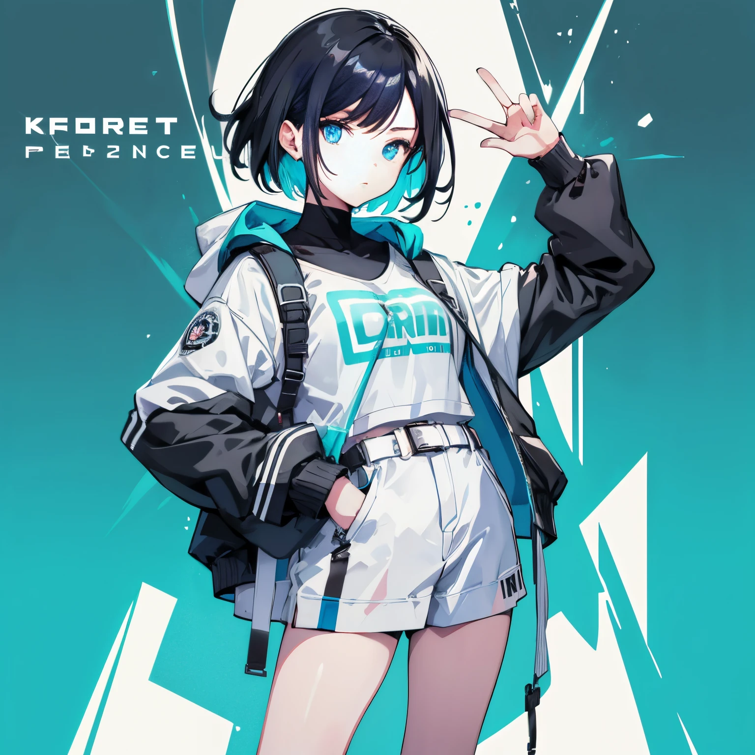 (masutepiece:1.2, Best Quality), [1 girl in, expressioness, Turquoise eyes,jet-black hair, half short hair,White jacket,Jacket is taken off, ] (Gray white background:1.3),