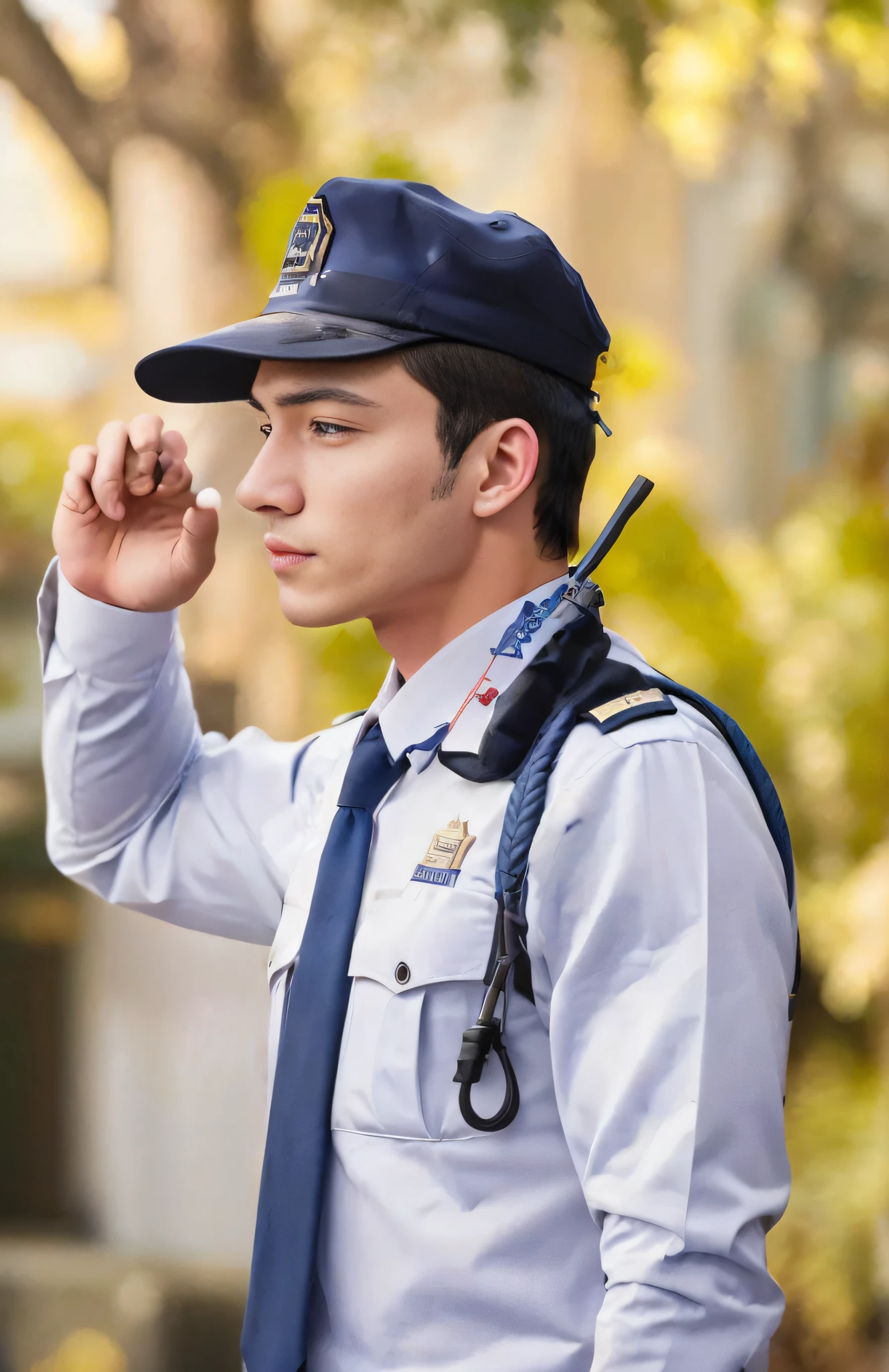 there is a man in a uniform and a hat holding a cell phone, security agent, professional, police officer, basic, wearing a police uniform, officer, fanart, jk uniform, mid-shot, mid - shot, security, full uniform, securityguard, policeman, embroidered uniform guard, profile picture 1024px, police man!!, traditional art