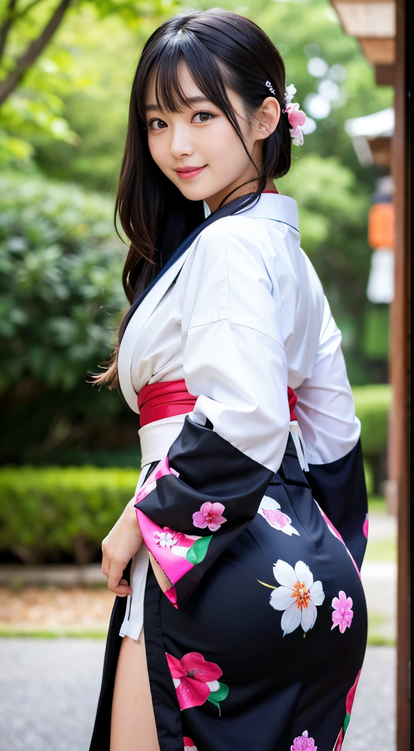 Best-quality, Masterpiece, Ultra-High-Resolution, (Photorealistic:1.4), Raw-Photo, Extremely-Details, Perfect-Anatomy, 1girl, the most popular Japanese idol, cowboy-shot, extremely cute face like a very famous Japanese idol, extremely beautiful big black eyes, extremely beautiful black hair, extremely beautiful white skins, extremely beautiful hip, extremely beautiful thighs, wearing only gorgeous Japanese KIMONO, innocent smile, looking at viewer, upturned ass, detailed gorgeous Japanese KIMONO, detailed cute face, detailed beautiful big black solid circle eyes, detailed beautiful hair, detailed beautiful white skins, detailed beautiful ass, detailed beautiful hip, detailed beautiful thighs