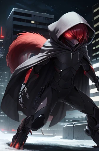 girl, night, snowy city, slender, red hair, special forces, stealth body suit, red highlights, poncho, fur lined gloves, hood, mechanical digitigrade legs, serious expression, red glowing eyes, furry tail, protruding rib bones
