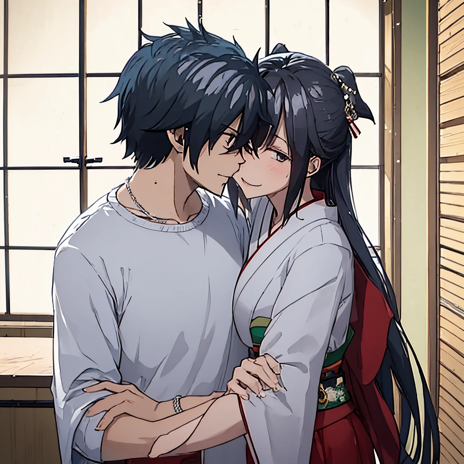 a man and a woman hugging and kissing on the mouth in casual clothes, japanese apartment