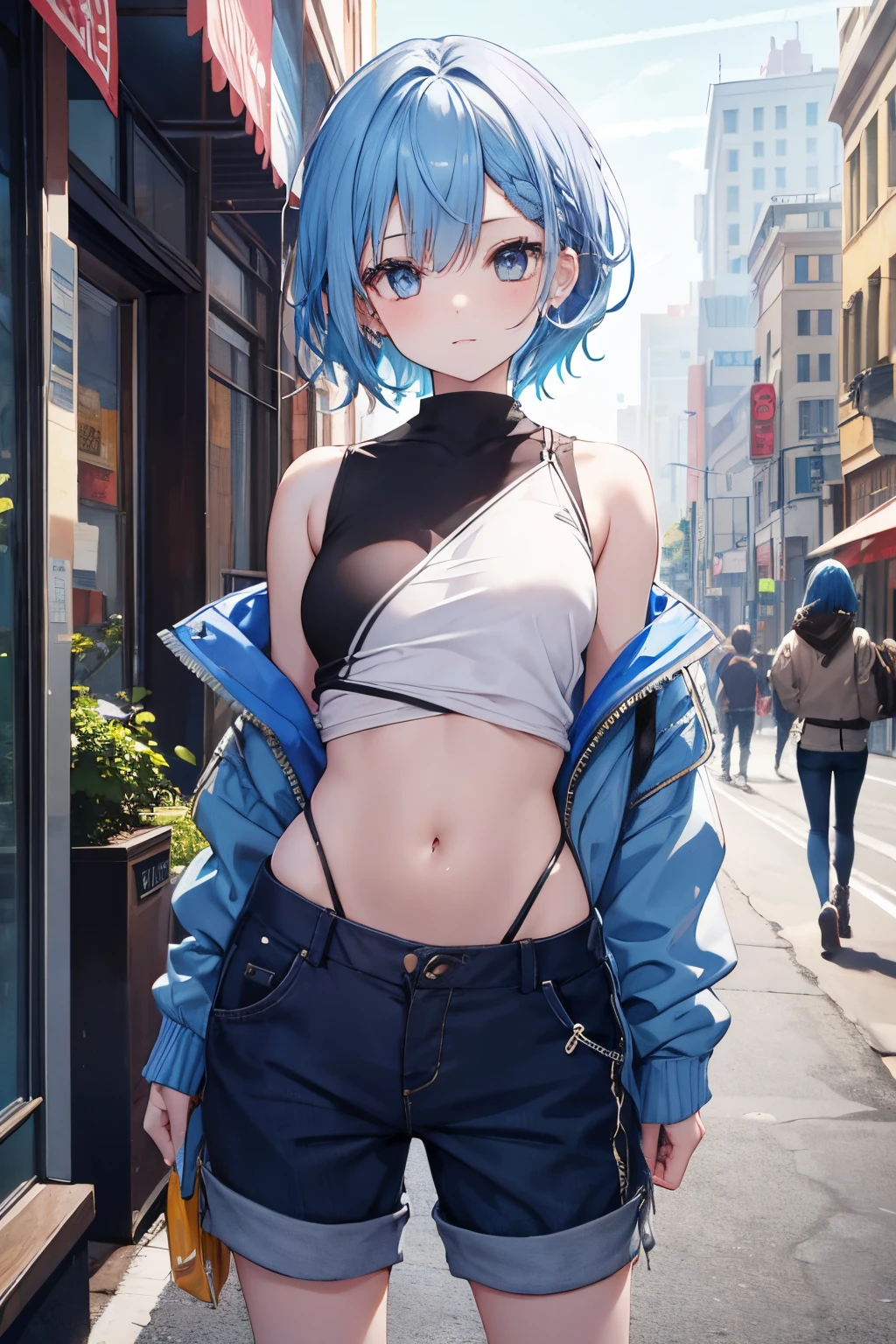 1Girl of Man Blue hair Shoulder out Navel Ejection shortpants In the street