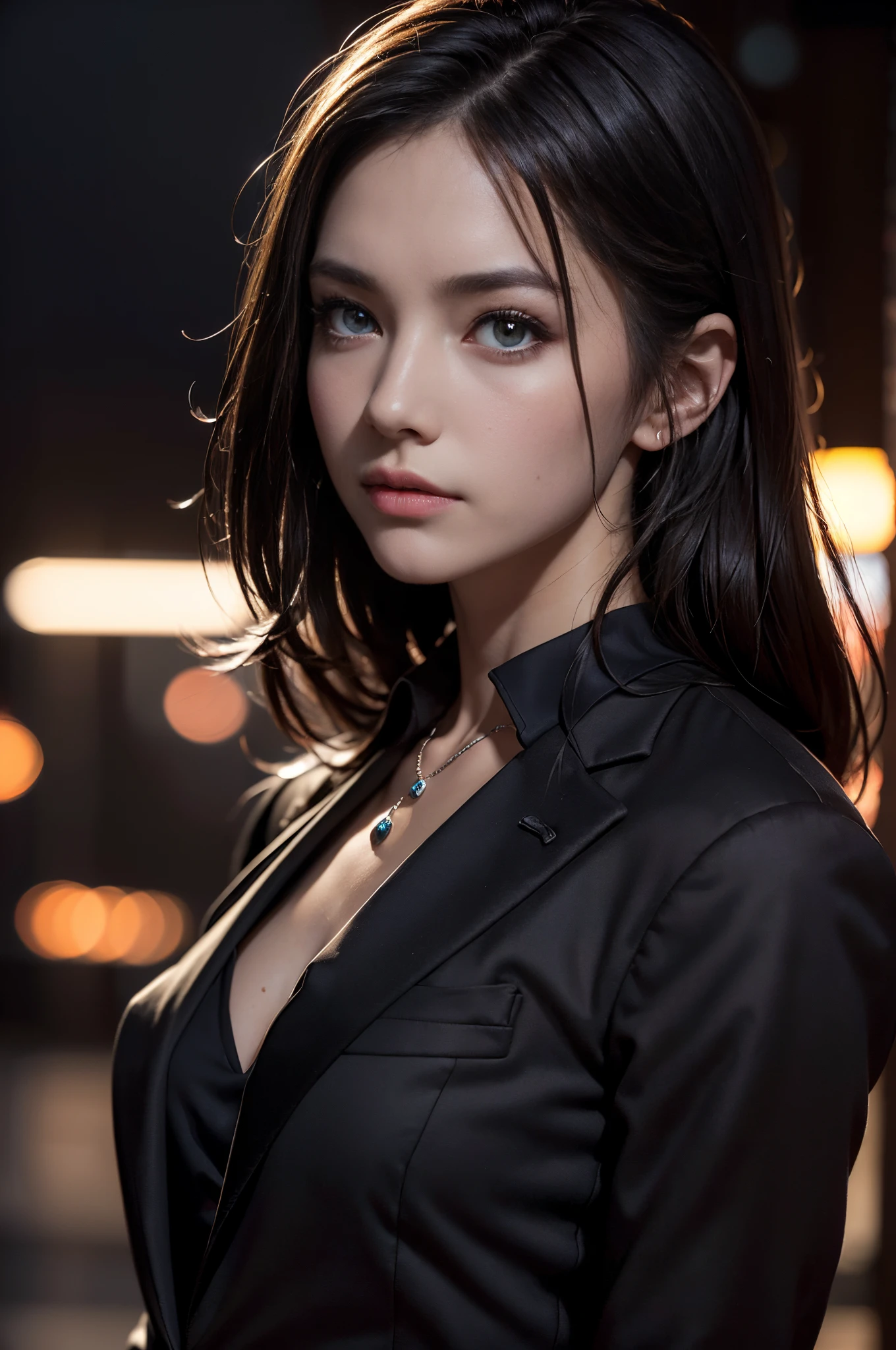 (Photoreal Stick:1.5, masutepiece:1.5, 8K), (top-quality, masterpiece, 超A high resolution), Professional camera work:1.3, Highly detailed skin and facial texture:1.3, Cinematic Light, Mystical portrait, Grow Light Effect, Perfect dynamic composition, The ultra-detailliert, in a dark building, (V-neck shirt, Black Tailored Suit, Suit jacket), Model body type, Clear face, Detailed hand, Beautiful and detailed eyes, (i love you completely), A mouthfeel that feels beautiful eros, night view at night, Dark brown medium hair, Small breasts, a necklace, Close-up portrait