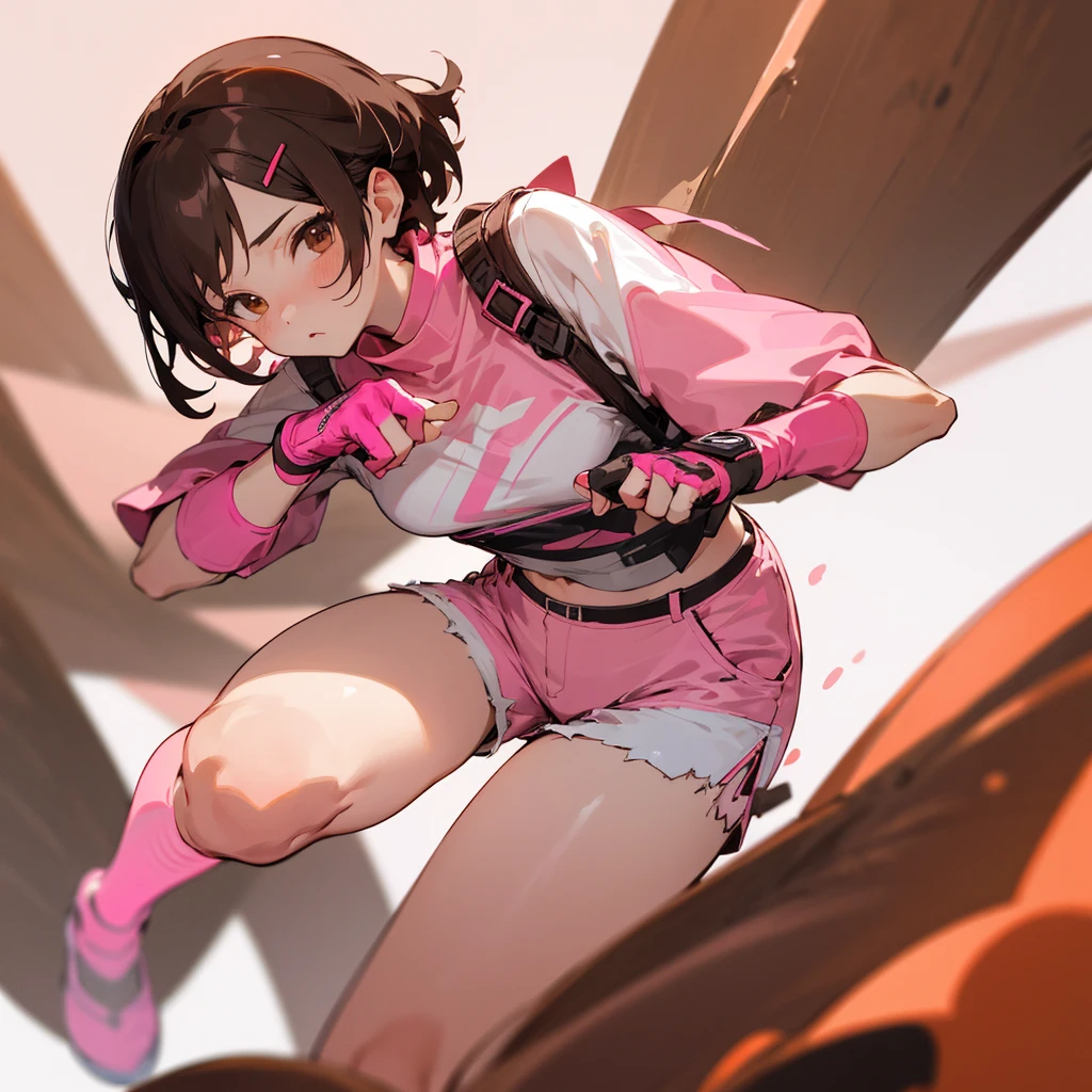 1girl, short brown hair with a hairpin, brown eyes, wearing sleevless shirt top half pink, bottom half white, kaki shorts, long pink fingerless gloves, high res, ultrasharp, 8k, masterpiece, looking at viewer, tokyo
