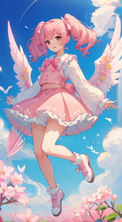 top-quality，​masterpiece，wingspan，pluma，pink twintails，cute girl ribbon，Fluffy skirt，Ren Hao，天空，magical  girl，field of pink flowers，optic，sano，jumpping，full body photographed，Crisp face