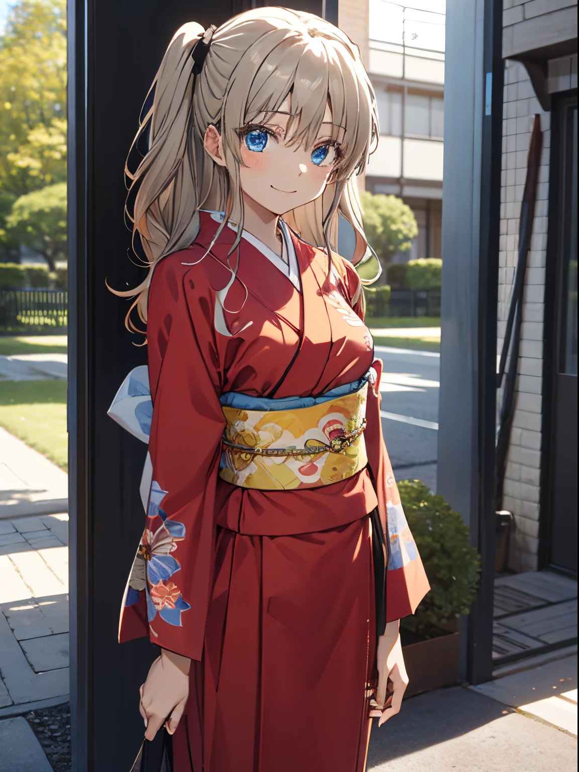 ultra-detailliert, hight resolution,​masterpiece、top-quality、Tomori、ighly detailed,Three-dimensional feeling、front-facing view, One side up,Nao Tomori , blondehair, Twin-tailed, (Blue eyes:1.3)a closed mouth, bow ribbon,arms on both sides、Taisho period in Japan、White color kimono、outside of hakama、a park、realisitic,1girl in、Beautiful flowers々Park in full bloom、A smile、White Hakama、Kimono、standing on the grass、absolute reference to center、A cute girl no matter who looks