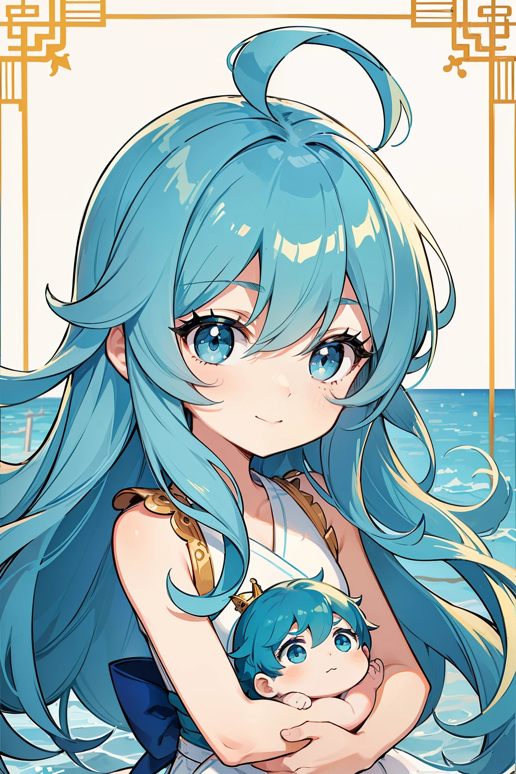 (high-quality, breathtaking),(expressive eyes, perfect face) 1girl, girl, solo, young kid, child, chibi, toddler, long blue hair, green coloured eyes, stylised hair, gentle smile, medium length hair, loose hair, side bangs, curley hair, really spiky hair, spiked up hair, looking at viewer, portrait, ancient greek clothes, blue black and white tunic, white Chlamys, sleeveless, greek, blue and gold sash, ocean background, sea related accessories in hair, slightly narrow eyes, baby face, baby body, small body, small head, baby, 36½ inches tall, chibi art style