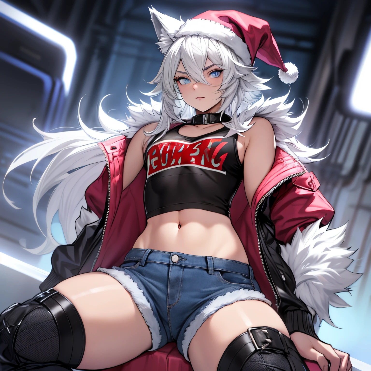 Single boy, Anime Femboy, Short, Long white hair, wolf ears, wolf tail, blue eyes, wearing short denim shorts, thigh high fishnets, black combat boots, wearing fur lined open pink jacket, flat chest, super flat chest, wearing cropped t-shirt, solo femboy, only one femboy ((FLAT CHEST)) solo, alone, (SOLO)(ALONE) thicc thighs, wide hips, blue eyes, perfect eyes, perfect face, pouty lips, happy, curvy, sparkly blue eyes, wearing santa hat