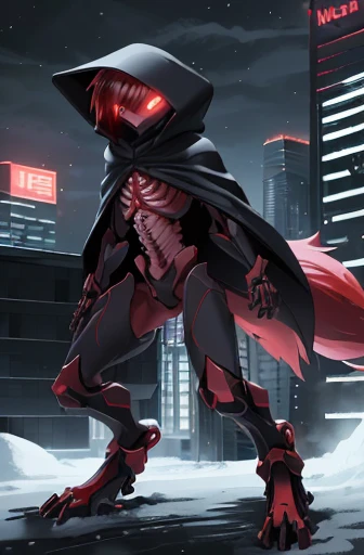 girl, night, snowy city, slender, red hair, special forces, red glowing stealth body suit, red highlights, poncho, fur lined gloves, hood, mechanical digitigrade legs, serious expression, red glowing eyes, furry tail, ((protruding rib bones)),