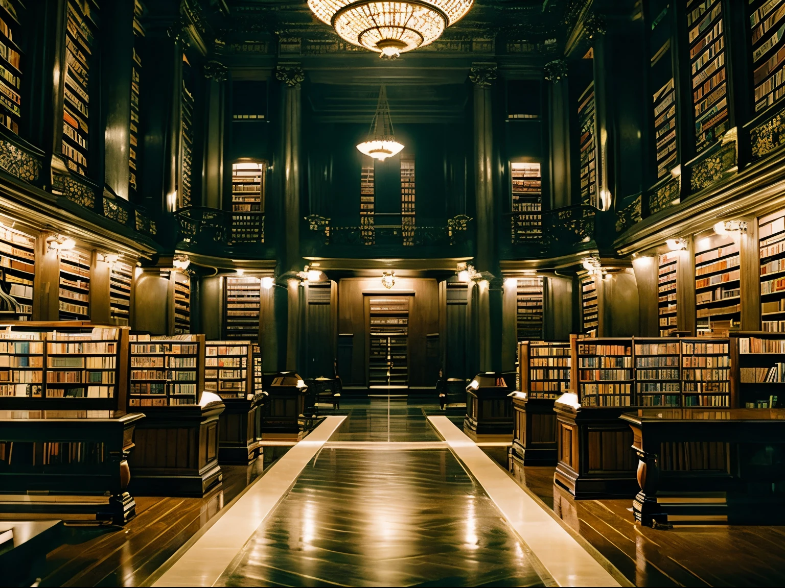 Large, luxurious library interior, night, dark, bluish, mysterious, antique style