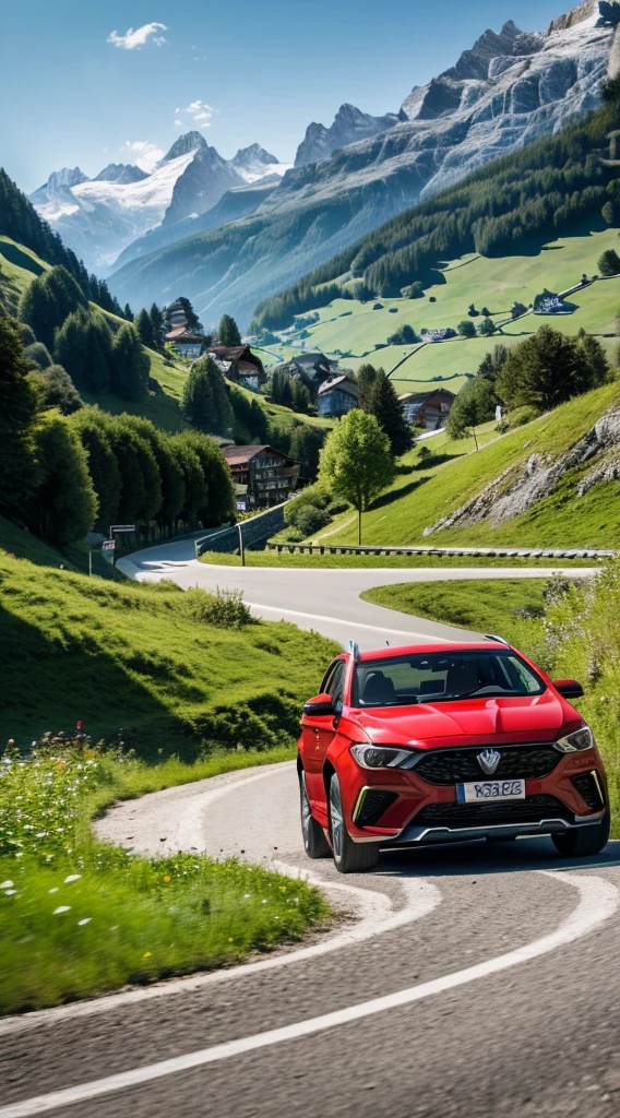 Create a scene,Presents realistic colors and lighting,Realistic,SUV MG MGS, Silver, Authentic decoration set all around the car, With X Motion alloy wheels, 21 inch wheel rim, running on path. Switzerland The background is mountains.. Race with red train, green field. Adjust colors to be natural and realistic during daylight sunlight.. like a photograph