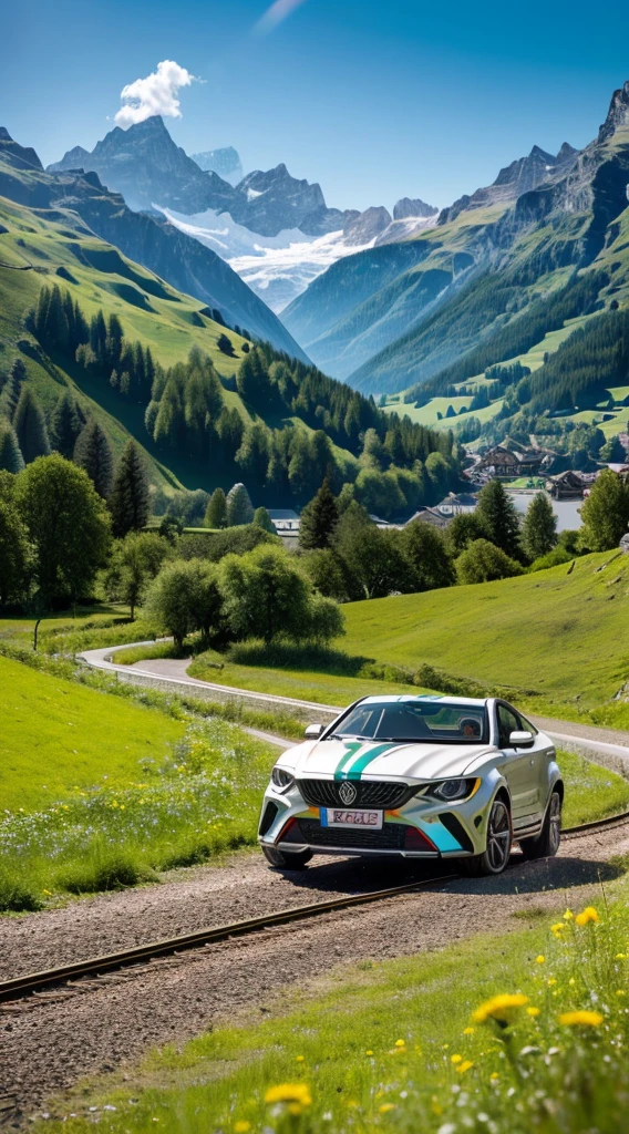 Create a scene,Presents realistic colors and lighting,Realistic,SUV MG MGS, Silver, Authentic decoration set all around the car, With X Motion alloy wheels, 21 inch wheel rim, running on path. Switzerland The background is mountains.. Race with red train, green field. Adjust colors to be natural and realistic during daylight sunlight.. like a photograph