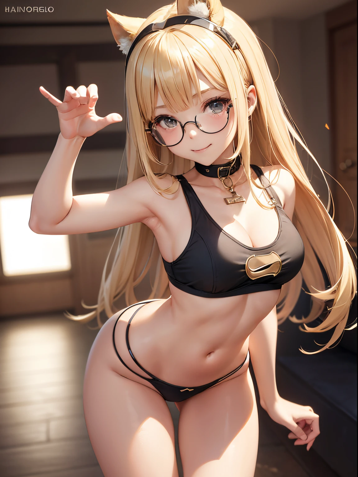 1 girl, bangs, **** body, 13 year old girl, crop top, blonde hairstyles, cleavage, mouth, round breasts, ass facing viewer, back on screen, smiling, tight, Ultra -HD | |, 4k image, glasses, character near the camera, taking off her own panties with her hands, pose tearing off her panties