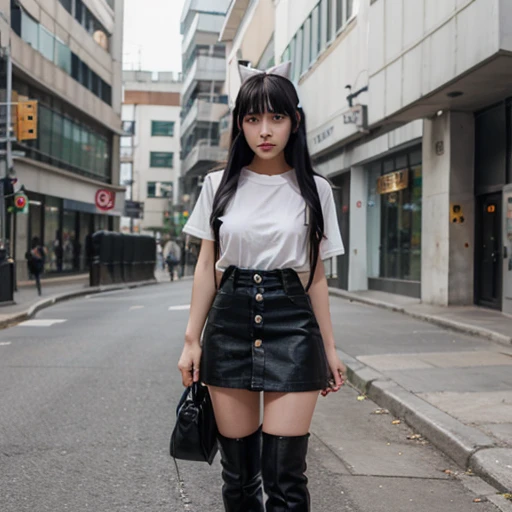 anime girl, long black hair, white fox mask, loose white button-up T-shirt and black denim overall-skirt, black platform boots