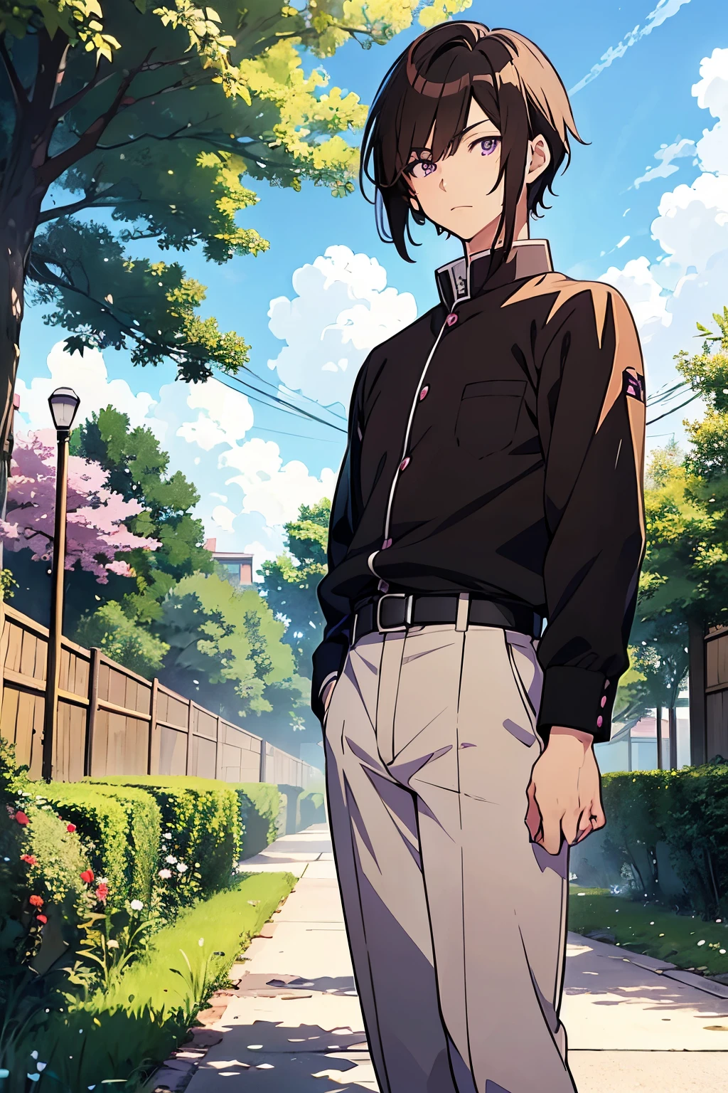 Anime - style image of a man standing on a sidewalk in a park - SeaArt AI, image size:1024x1536