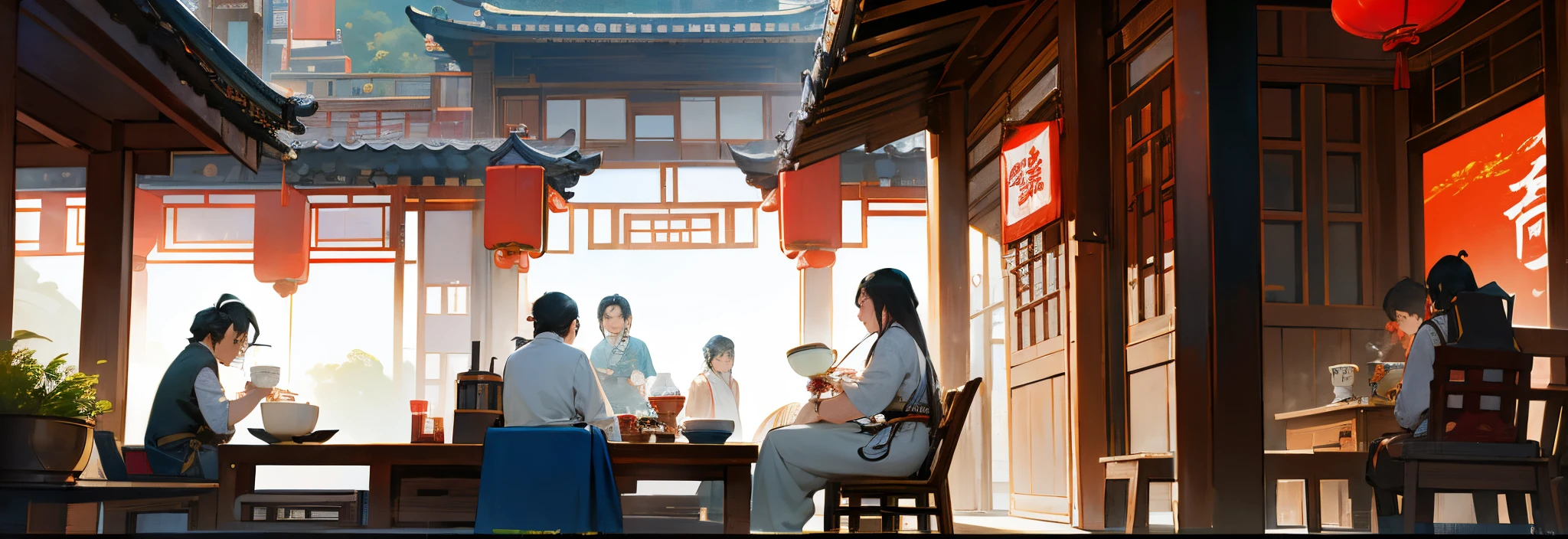 diner,free time,A person who pours tea with a long spout,A group of people eating hot pot together,zhouzhuang ancient town, Dream Chinatown, chinese artist, screenshots from movies,ultra real photo,high detal,8K分辨率,filmposter, Chinese heritage, atmosphere