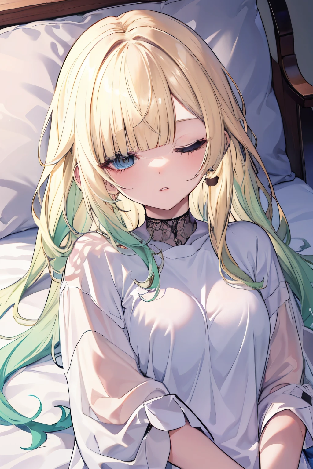 Masterpiece、top-quality、Adult Female 1、ultra-detailliert、Aizawa Ema a blond、green hair、Blunt bangs、piercings eye closed s asleep PILLOWS、bedsheet