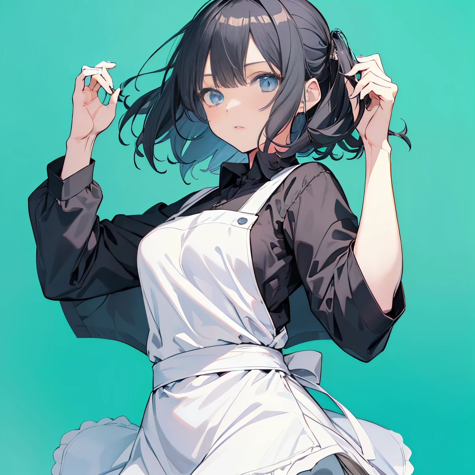 (masutepiece:1.2, Best Quality),  [girl, expressioness, Turquoise eyes, jet-black hair, Cafe Apron] (Gray white background:1.5),