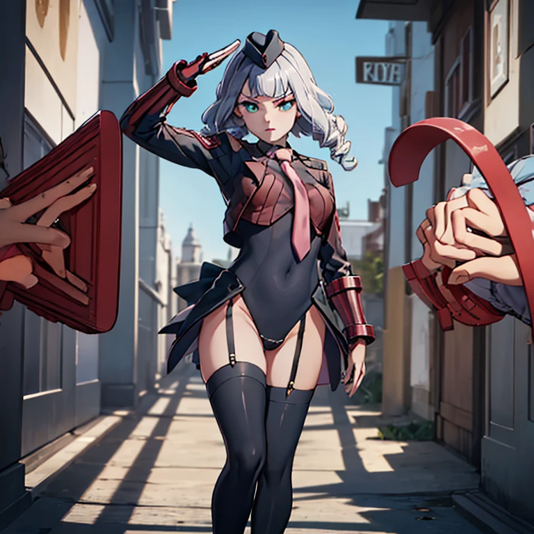 ultra-detailed, Explicit, Beautiful body, Beautiful Nose, Beautiful character design, perfect eyes, perfect face, ultra highres, 4K, beautiful legs, perfect legs, Nice hands, Perfect hand, Masterpiece, Best Quality, Highly detailed, illustration, absurdres, street fighter, doll suit, shadaloo doll, dollsuit, girls, multiple girls, expressionless, blank eyes, looking at viewer, red gloves, emotionless, black latex, corrution, mind control, female combatant, full body, hypnotized, unhappy trance, full body suit, ribbed bodysuit, both arms at side, stand up straight, obey, perfect female body, extremely glossy latex, hypnosis, hypnoLora, empty eyes, Mind control device, poses, brainwashed, submissive_pose, Slave, hat, necktie, stand up straight, standing, standing at attention, belt, extending the right arm from the shoulder into the air with a straightened hand, nazi saluting, military, military saluting, salute, right hand saluting, left hand at side, latex, garter belt, thighhighs,  stakes of purgatory, leotard, frilled sleeves, jacket, back bow, black bow, purplr hair, green eyes, flower, ellee, hirogaru sky precure, El-chan, long hair