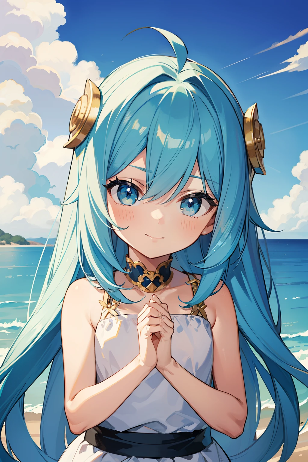 (high-quality, breathtaking),(expressive eyes, perfect face) 1girl, girl, solo, young kid, child, chibi, toddler, long blue hair, green coloured eyes, stylised hair, gentle smile, medium length hair, loose hair, side bangs, curley hair, really spiky hair, spiked up hair, looking at viewer, portrait, ancient greek clothes, blue black and white tunic, white Chlamys, sleeveless, greek, blue and gold sash, ocean background, hairpins in hair, slightly narrow eyes, baby face, baby body, small body, small head, baby, 36½ inches tall, chibi art style