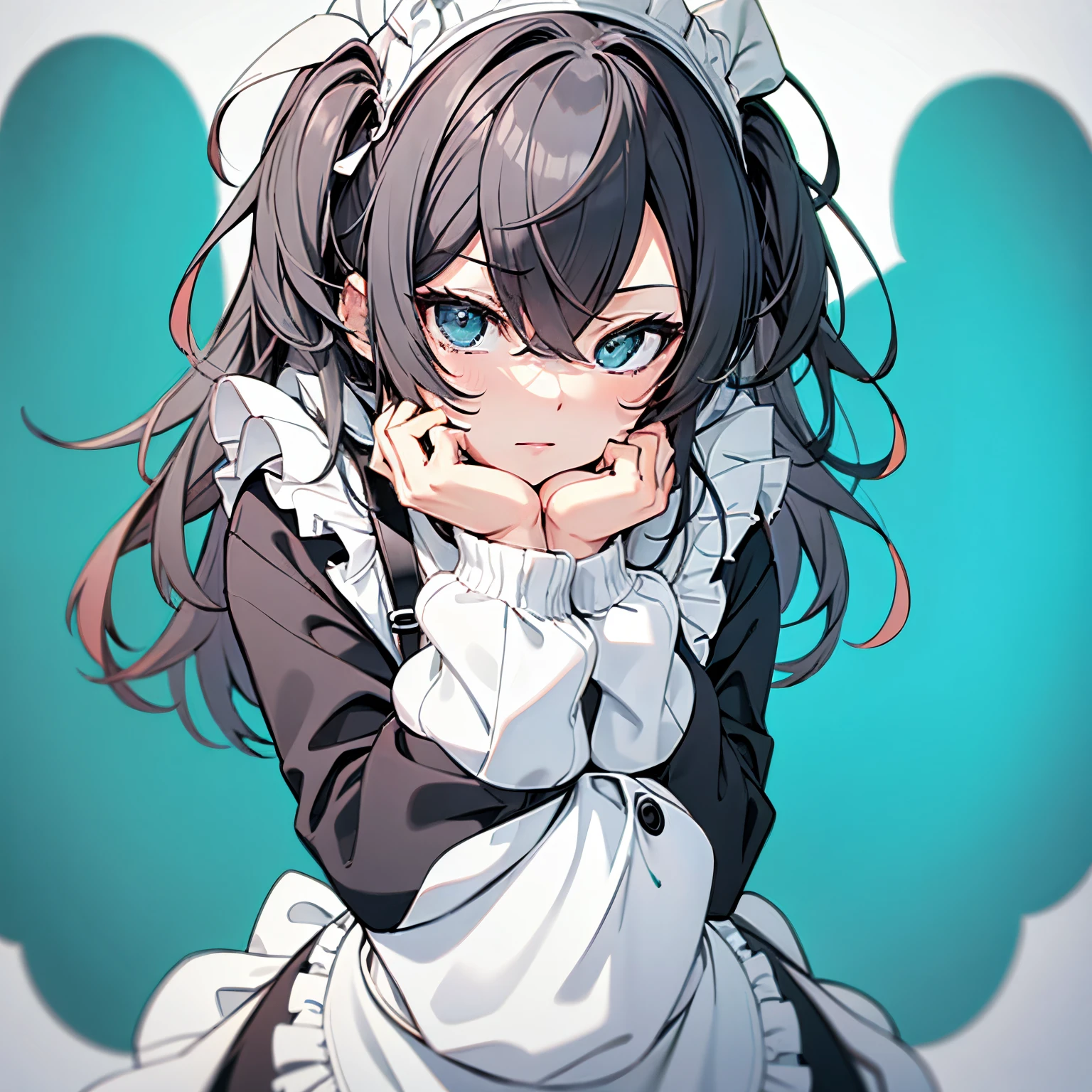 (masutepiece:1.2, Best Quality),  [girl, expressioness, Turquoise eyes, front facing, jet-black hair, Cafe Apron] (Gray white background:1.3),