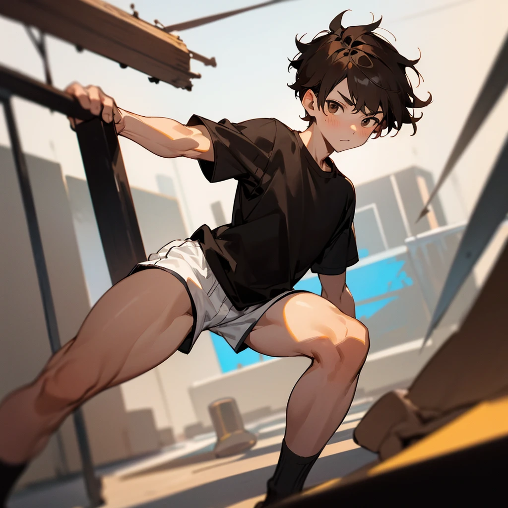 1boy, short brown hair, brown eyes, wearing black shirt, gym shorts, crew socks, white skin, strong, holding out iphone, fighting stance, tall, high res, ultrasharp, 8k, masterpiece, looking at viewer