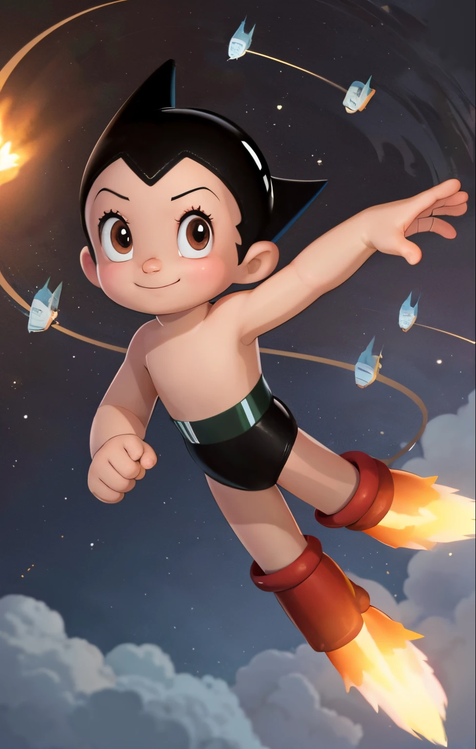 High quality portrait of Astro Boy flying in the sky, rocket flames coming out of his feet, smiling. looking at viewer, Brown eyes, red boots