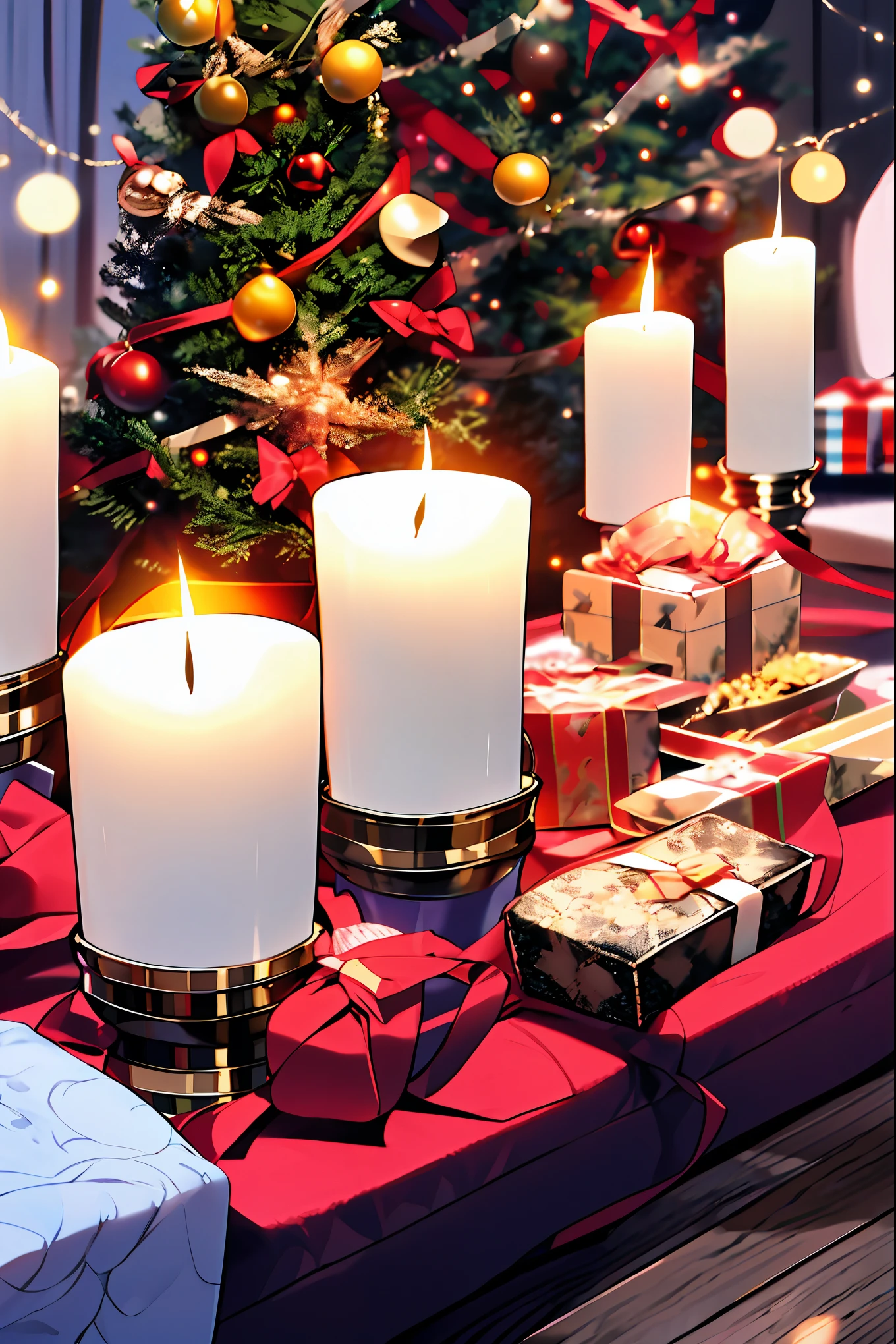 (best quality,4k,8k,highres,masterpiece:1.2),ultra-detailed,realistic,gifts,table,Christmas tree,decorations,wrapping ,bows,ribbon,presents,holiday spirit,vibrant colors,warm lighting,cozy atmosphere,toys,cards,candles,snowflakes,joyful,celebration,exquisite details,exciting surprises,shiny ornaments,sparkling tinsel,beautifully wrapped,excited children,anticipation,festive mood,magical ambiance,delightful moment,wonderful memories,family gathering,cheerful faces,Christmas magic,extravagant,abundance of presents,HDR,UHD,studio lighting,ultra-fine painting,sharp focus,physically-based rendering,professional,vivid colors,bokeh.