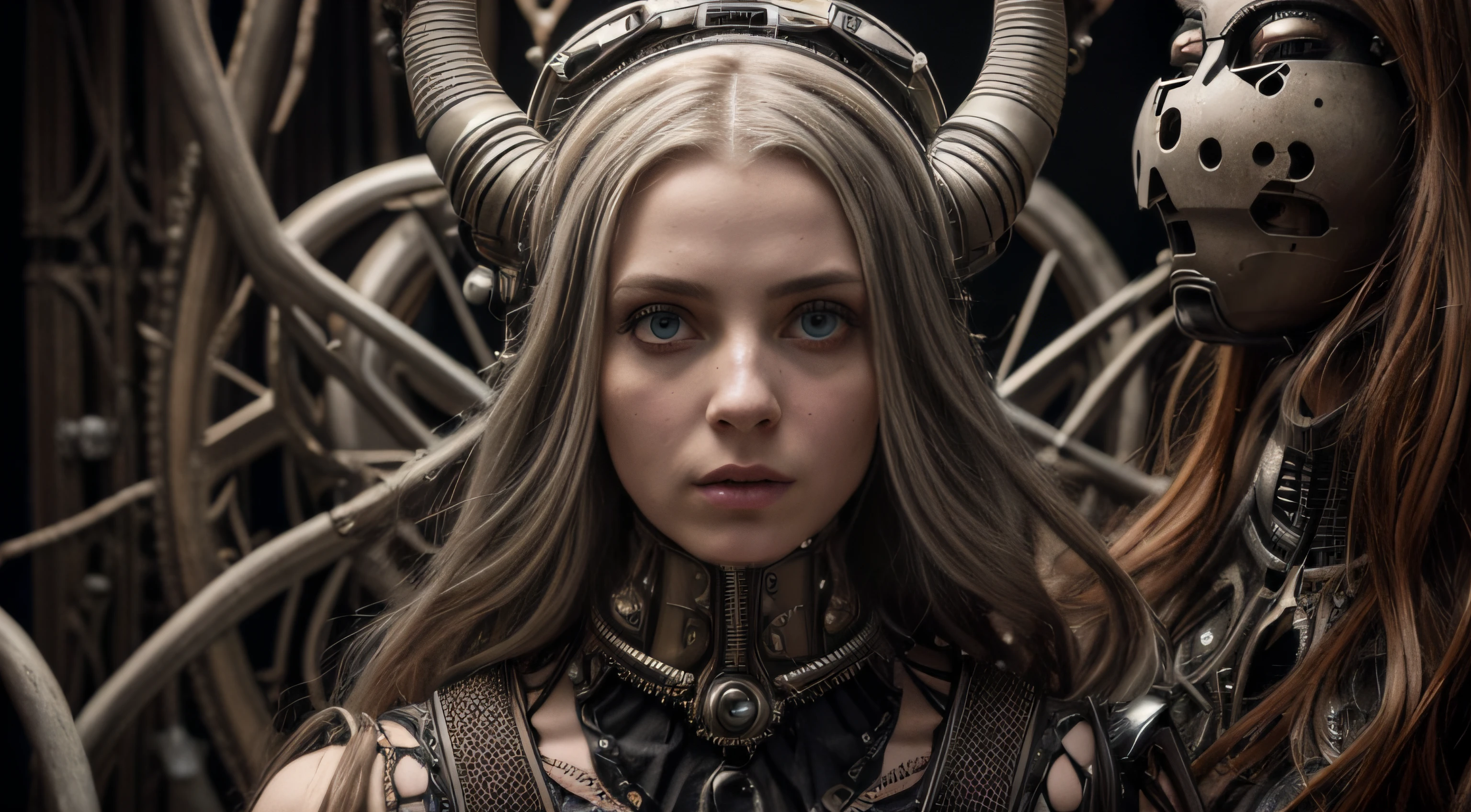 In medium shot portrait, characters inspired by the Alice in Wonderland universe, inspired by Wayne Barlowe and Hans Bellmer in a dystopian environment inserted with biomechanical robot characters in the rococopunk style, exotic beings interacting with people, inspirado em Lewis Carroll e Seb McKinnon. Dirigido por Jodorowski e Luis Bunuel. ((cinematic film)), ((ultra detalhado)), Complexo, ((foco nítido)), textura do objeto, Studio photo, detalhes complexos, ((altamente detalhado)), Foto estilo real, ((hyper-realistic)), high dynamic range, cores ricas, ((texturas realistas)), 8k UHD, alta profundidade de cor, Nikon D 850 |, Portra Kodak 400, fujifilm XT |