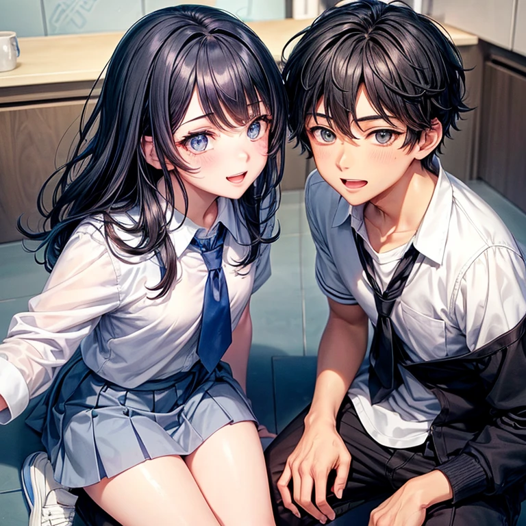 1 man and 1 woman、(Schoolgirl lying on her back with her head on her boyfriend's lap:1.8)、Schoolboy sitting on sofa、A high school boy staring at Steady with a kind face、High school girl smiling happily。Good balance of the face。The structure of the body is accurate。
