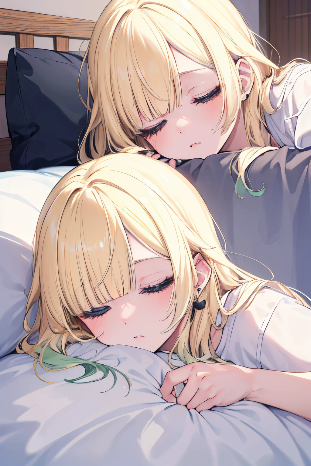 Masterpiece、top-quality、Adult Female 1、ultra-detailliert、Aizawa Ema　a blond、green hair、Blunt bangs、piercings　Close both eyes、closing eye　s asleep、Are sleeping　Faces close　PILLOWS、bedsheet