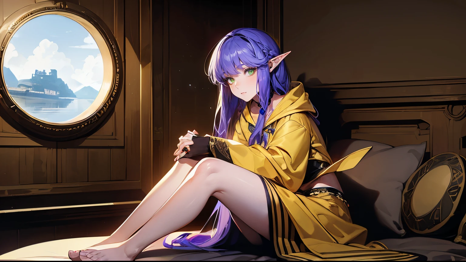 masterpiece, high quality, inside wooden ship cabin, boat cabin, porthole, circle shaped window, 1_woman, (full body), tall, ((petite figure)), (exotic skin_complexion:1.4), beautiful, exotic, with long elf ears, looking away from viewer, ((looking out window)), clouds outside window, sitting, sitting on bed, hands together, knees together, wearing (yellow hooded cloak), yellow robes, black choker, black dress, (black thigh highs with purple embroidery), bare feet, long fingerless leather gloves, medium_bust, purple hair, long hair, wavy hair, realistic and detailed face having (((green_eyes))), dark_eyeliner, long_eyelashes), perfect hands, dim lighting,