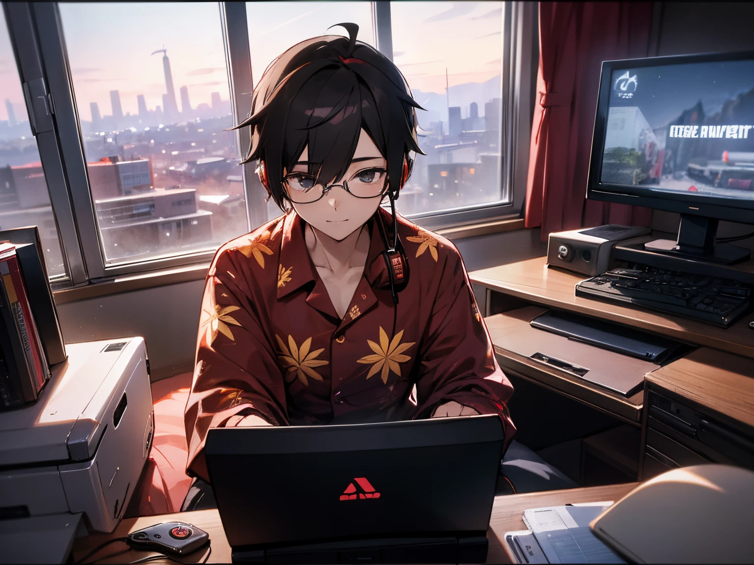 male people,Black glasses,A dark-haired,Wearing aloha shirt,Use headphones,inside in room,natta,In front of a computer,pile of CDs,You can see the night view from the window,coffee cup,gaming console,countryside,A smile,wink