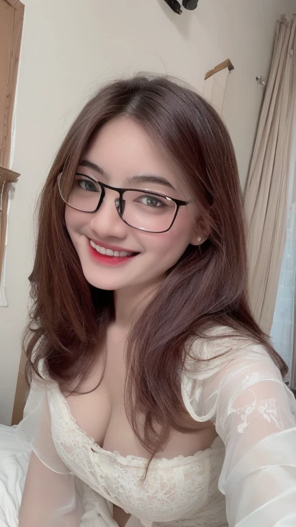 (realistic, high resolution:1.3), 1 girl with perfect figure, glasses, smile, ((pale white skin:1.3)) ,(????????????????:1.3), looking at viewers, super fine face and eyes, long hair, white transparent lace veil: 1.2 , in bedroom, sit on the bed, , exposed cleavage, upper body, half body