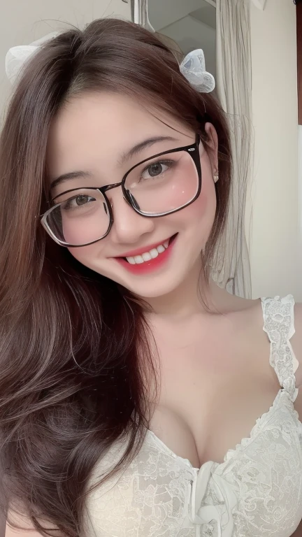 (realistic, high resolution:1.3), 1 girl with perfect figure, glasses, smile, ((pale white skin:1.3)) ,(gigantic breasts:1.3), looking at viewers, super fine face and eyes, long hair, white transparent lace veil: 1.2 , in bedroom, sit on the bed, , exposed cleavage, upper body, half body