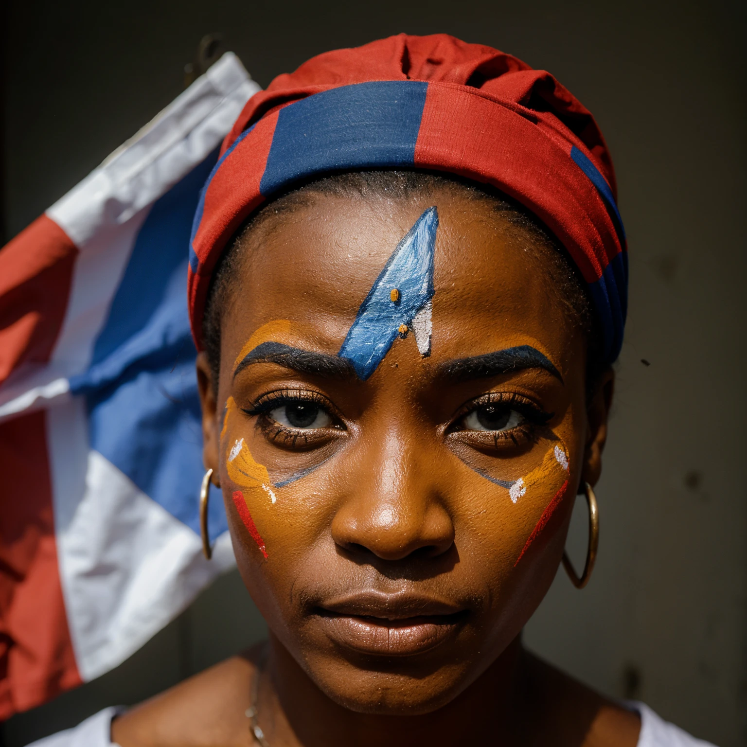 Congolese person suffering, face painted as the flag of the Democratic Republic of the Congo