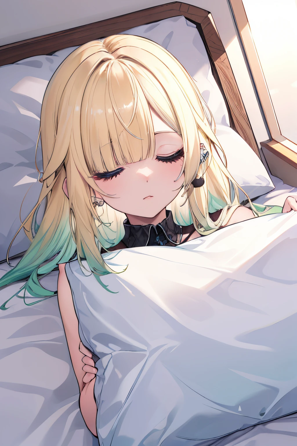 Masterpiece、top-quality、Adult Female 1、ultra-detailliert、Aizawa Ema a blond、green hair、Blunt bangs、piercings Close your eyes、closing eye s asleep、Are sleeping Faces close PILLOWS、bedsheet