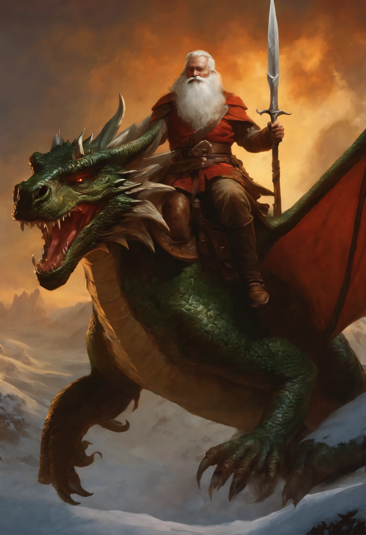 Painting of Santa riding a dragon with a man on it, fat dragon with rider, Riding a dragon, Гиперреалистичный D & D Фэнтезийное искусство, Dragon Rider, DND Fantasy Art, realistic fantasy illustration, Tolkien and Michael Komark, dungeons and dragons fantasy art, D & D Fantasy Digital Painting, realistic fantasy artwork, tuomas korpi and wlop