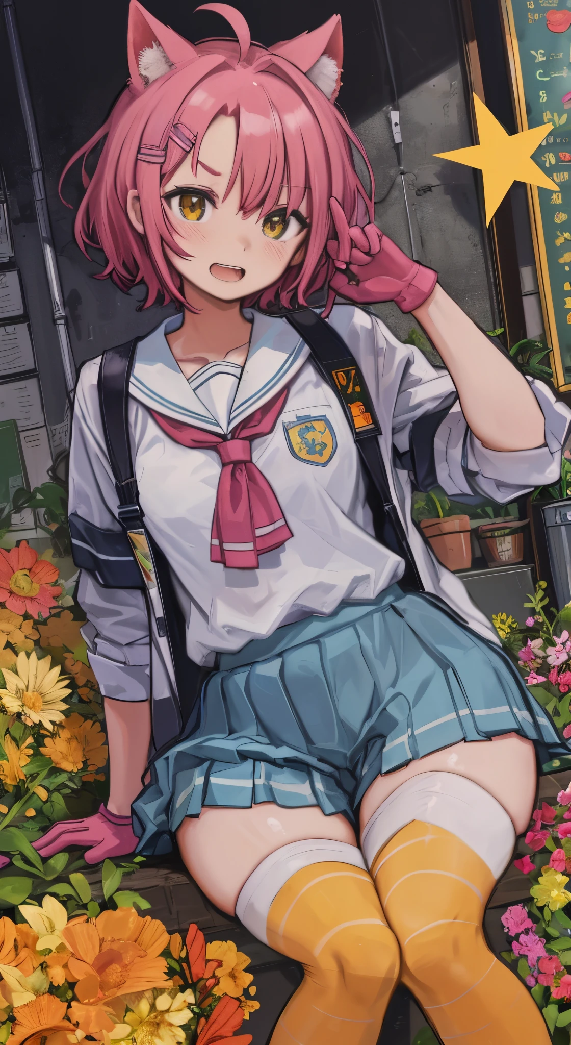 (Perfect body),Best Quality, K、NSFW、(((((Lori)))))、((((Short stature))))、blush、(V-shaped eyebrows)、:D、embarrassed from、((((Short hair))))、(hair messy)、waved hair、Ahoge、(Yellow eyes),((A pink-haired))、Yellow goggles on the head、yellow lean hair clip、(((School uniform)))、(White knee socks)、(Pink gloves)、Yellow jacket、((Light blue striped pants aslat chest)))、(((thick thighs)))、spreading legs、Armpits、Electronic space、