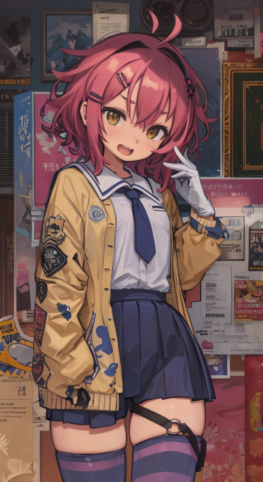 (Perfect body),Best Quality, K、NSFW、(((((Lori)))))、((((Short stature))))、blush、(V-shaped eyebrows)、:D、embarrassed from、((((Short hair))))、(hair messy)、waved hair、Ahoge、(Yellow eyes),((A pink-haired))、Yellow goggles on the head、Yellow Hair Clip、(School uniform)、(White knee socks)、(Pink gloves)、Yellow jacket、((Light blue striped panties、bulging nipple))、(((thick thighs)))、spreading legs、Armpits、Electronic space、
