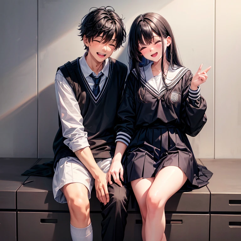 1 boy, 1 girl, same hair colors, black hair, school uniform, highschool, white sneaker, smiling brightly, blushing, mouth open, talking, closed eyes, highly detailed, high quality, lovely atmosphere, best quality, (masterpiece), wallpaper, face to face.
