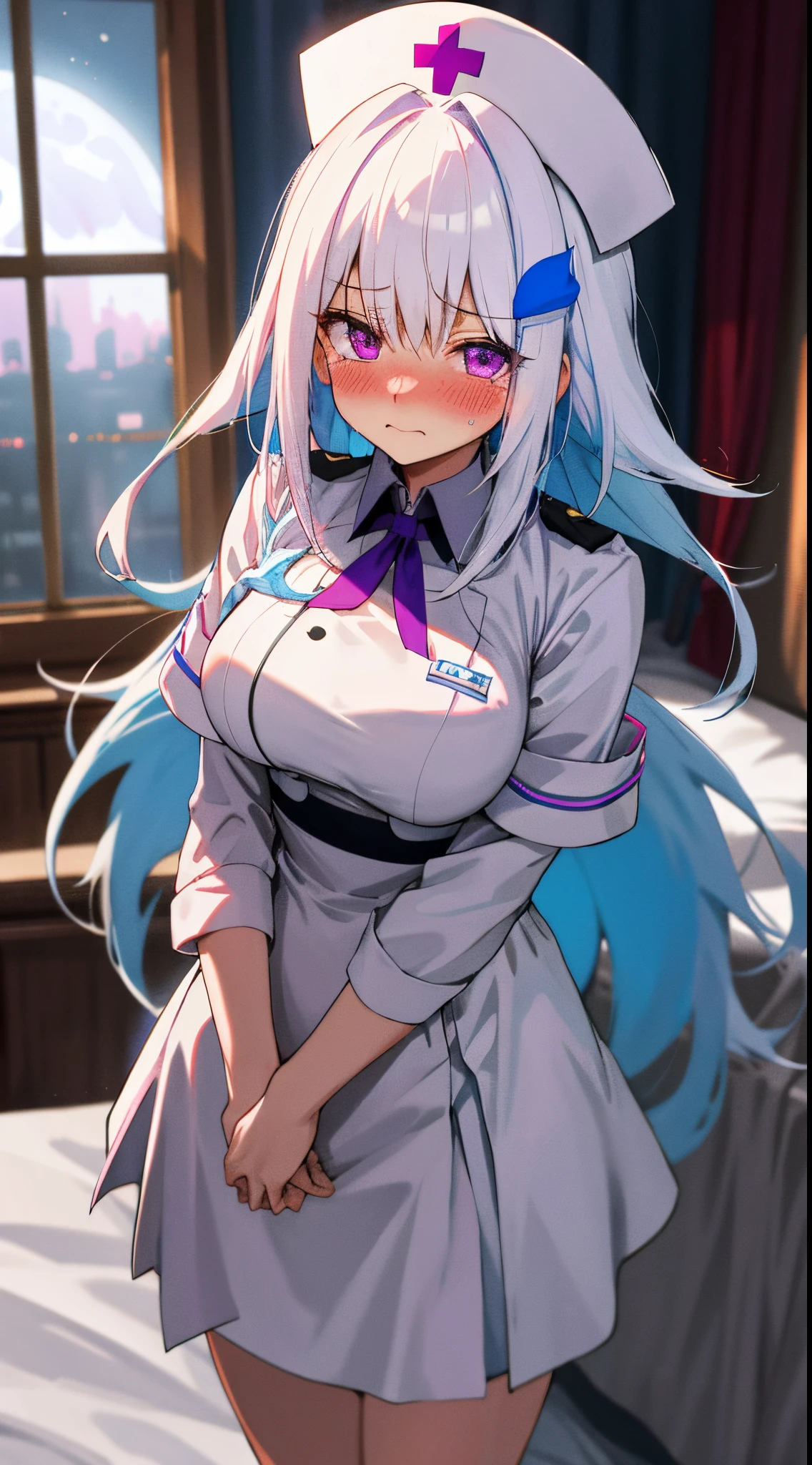 One girl with long hair, bangs, white hair, blue inner hair:1.25) , purple eyes, looking at viewer, blushing, embarrassed, tears, white nurse, nurse hat, indoor, bedroom, slim, dizzy, mid-chest, wide hips, perfect waist, night atmosphere, hair ornament, standing,