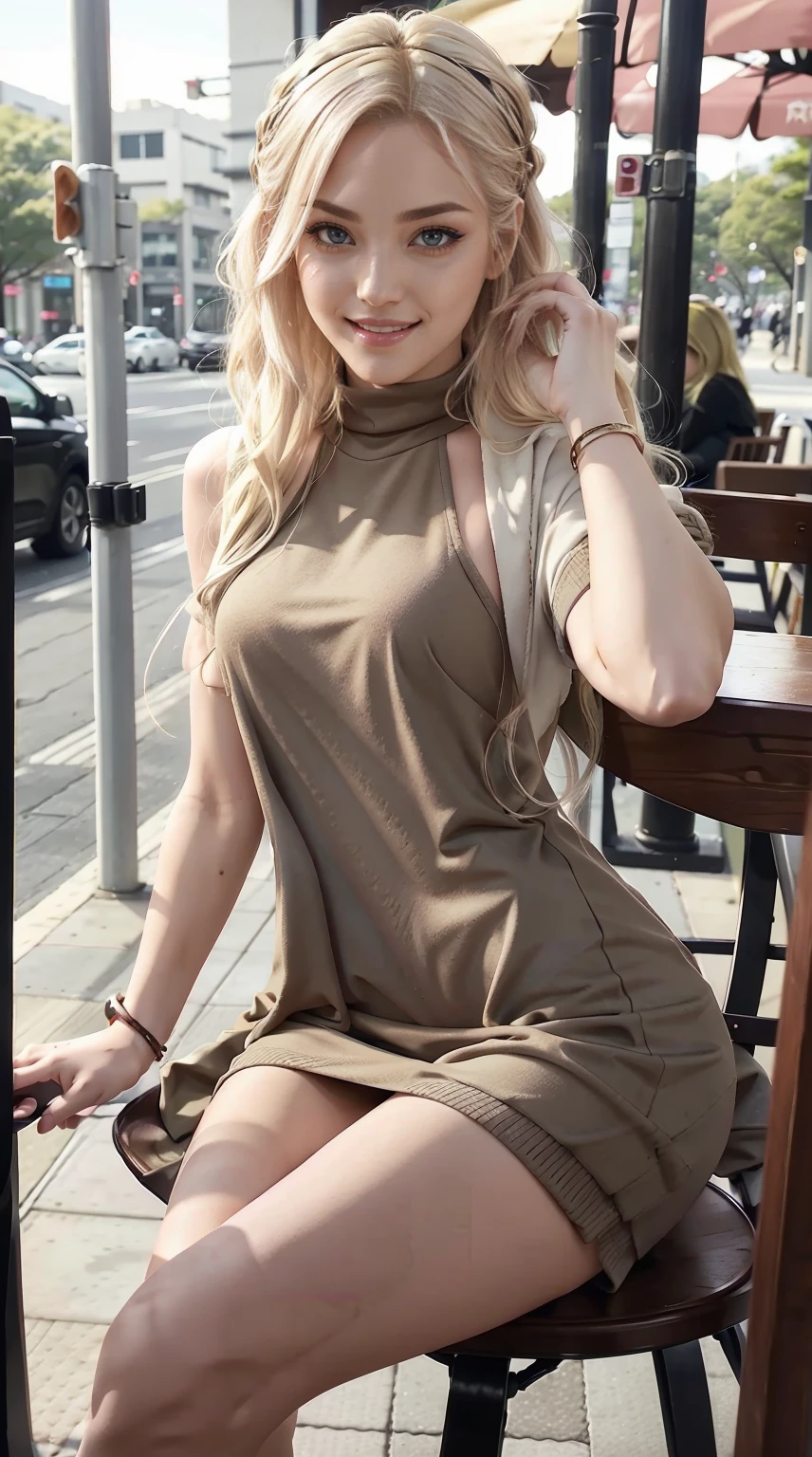 a 25yo woman、Hair color is blonde、The tips of the hair are pink、Eye color is blue、Semi-long、hair is wavy、I&#39;m wearing eyeshadow and lipstick、I&#39;m wearing a headband、accessories on wrist、Slender but well-proportioned muscular body、wearing a long coat over a knit dress、She is wearing a tight skirt with a deep slit.、I'm wearing high heels、a smile、Sitting on a chair at an open cafe and drinking coffee、Be smiling
