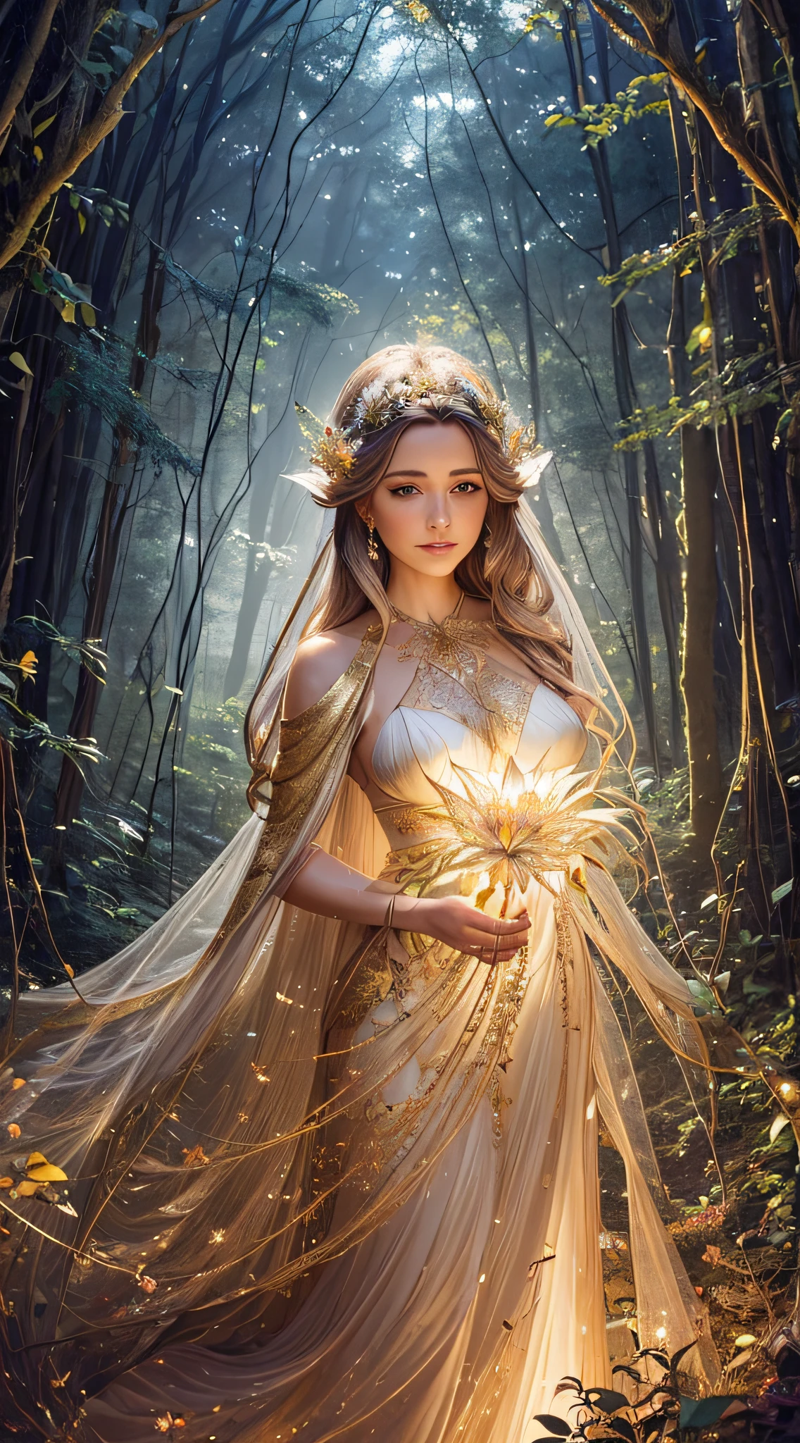 arafed woman in a flowing dress in a forest, gold ethereal light, goddess of light, heather theurer, beautiful maiden, fey queen of the summer forest, ethereal light, goddess of the forest, ethereal fantasy, magali villeneuve', ethereal glow, style of donato giancola, portrait of queen of light, inspired in donato giancola, numerous flowers all over