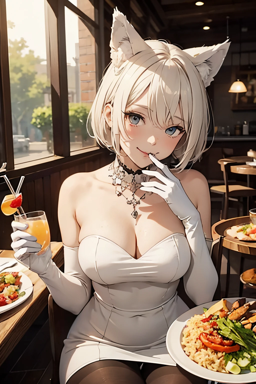 table top High level image quality 最High level image quality 8k lady(I) full body portrait blanche long gloves((lace fabric)(elbow gloves)) white long dress(Tube top) wolf ears short hair((shortcut)(gray hair)(perm)(fluffy)) eye color is blue laughter((open your mouth)) sit on a chair turn this way breakfast