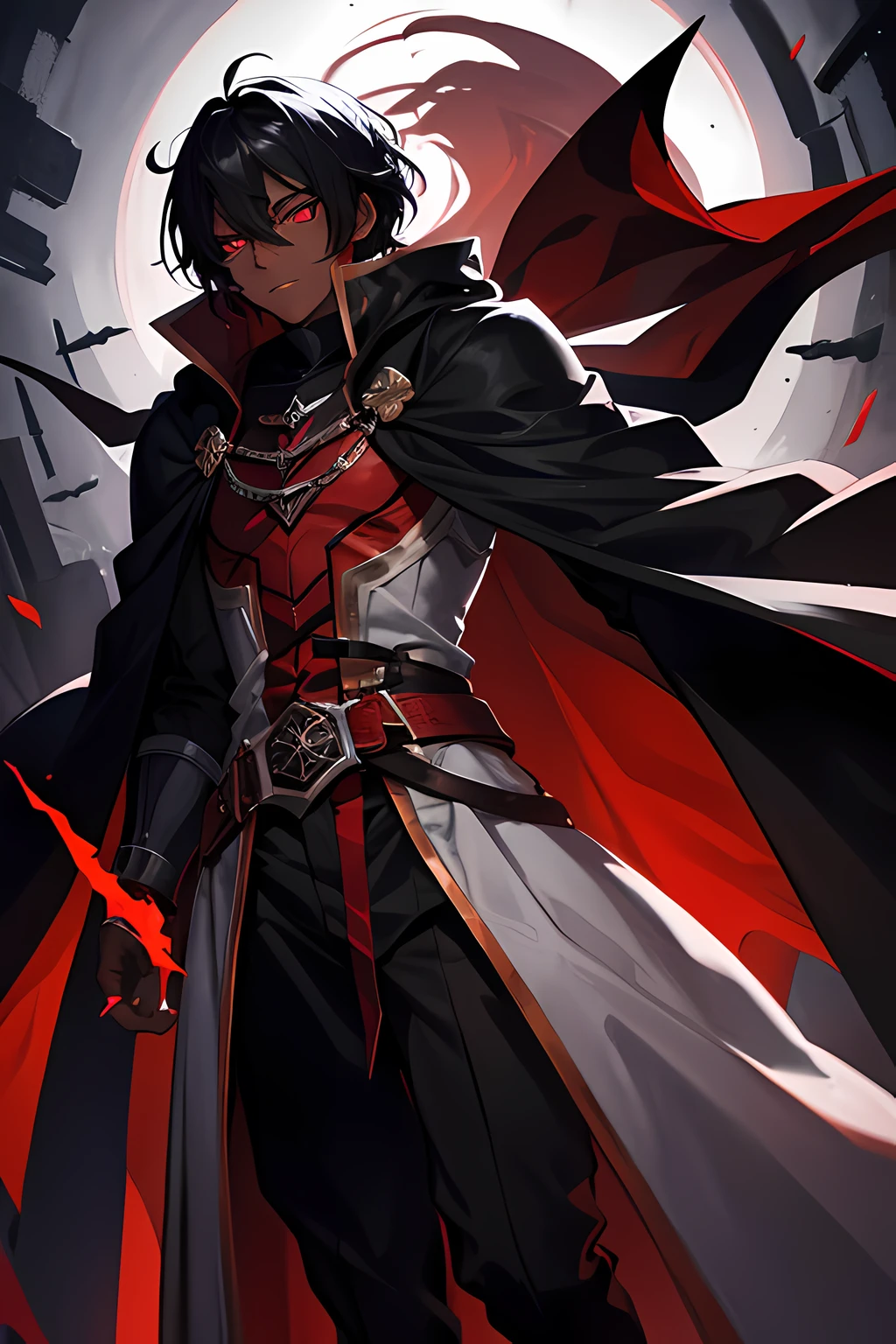 25 year old dark skinned male in a dark cloak with red eyes and black aura